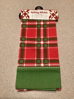 Holiday Kitchen Red & Green Plaid Tea Towel 100% Cotton NWT